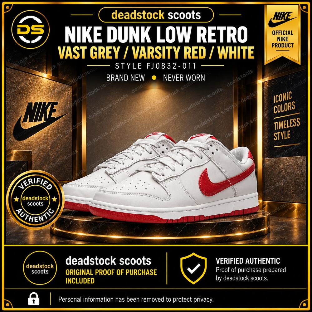 Nike Dunk Low Vast Grey Varsity Red White Size 12 FJ0832-011 New Never Worn